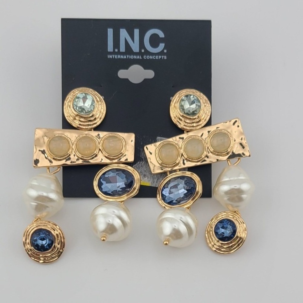 INC International Concepts Gold Tone Blue Faux Pearl Statement Drop Earrings NEW